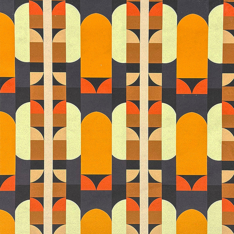 Weimar No.2 Crib5 velvet flat swatch with orange and charcoal geometric Bauhaus pattern