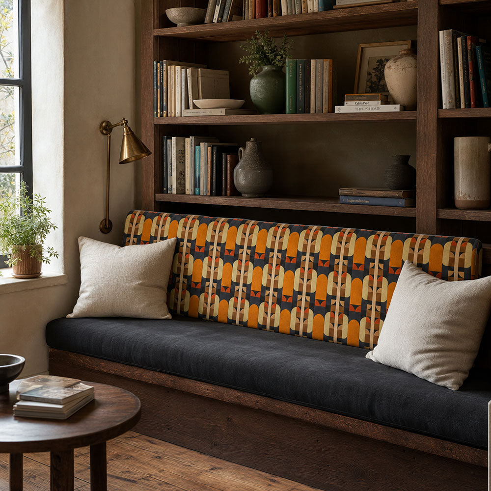 Bench upholstered in Weimar No.2 orange Crib5 velvet fabric with modern geometric design