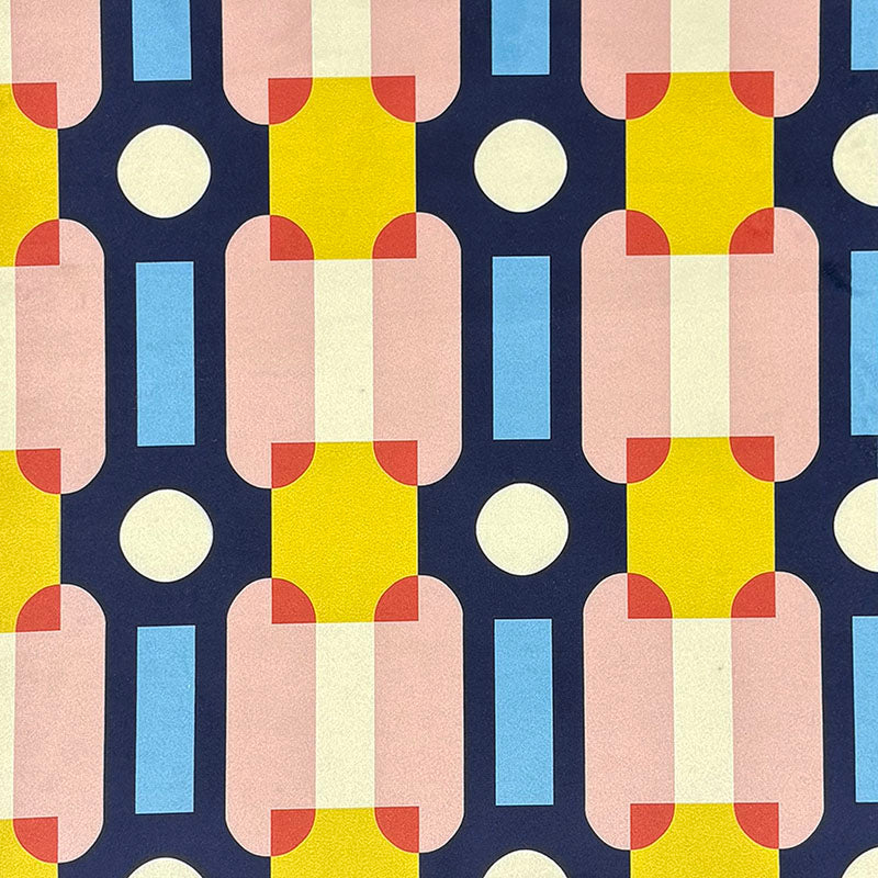 Weimar No.3 Crib5 velvet flat swatch with pink yellow and blue Bauhaus geometric pattern