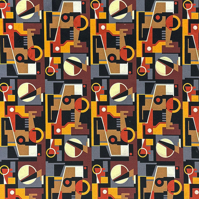 Weimar No.9 Crib5 velvet flat swatch with amber brown and black geometric Bauhaus design